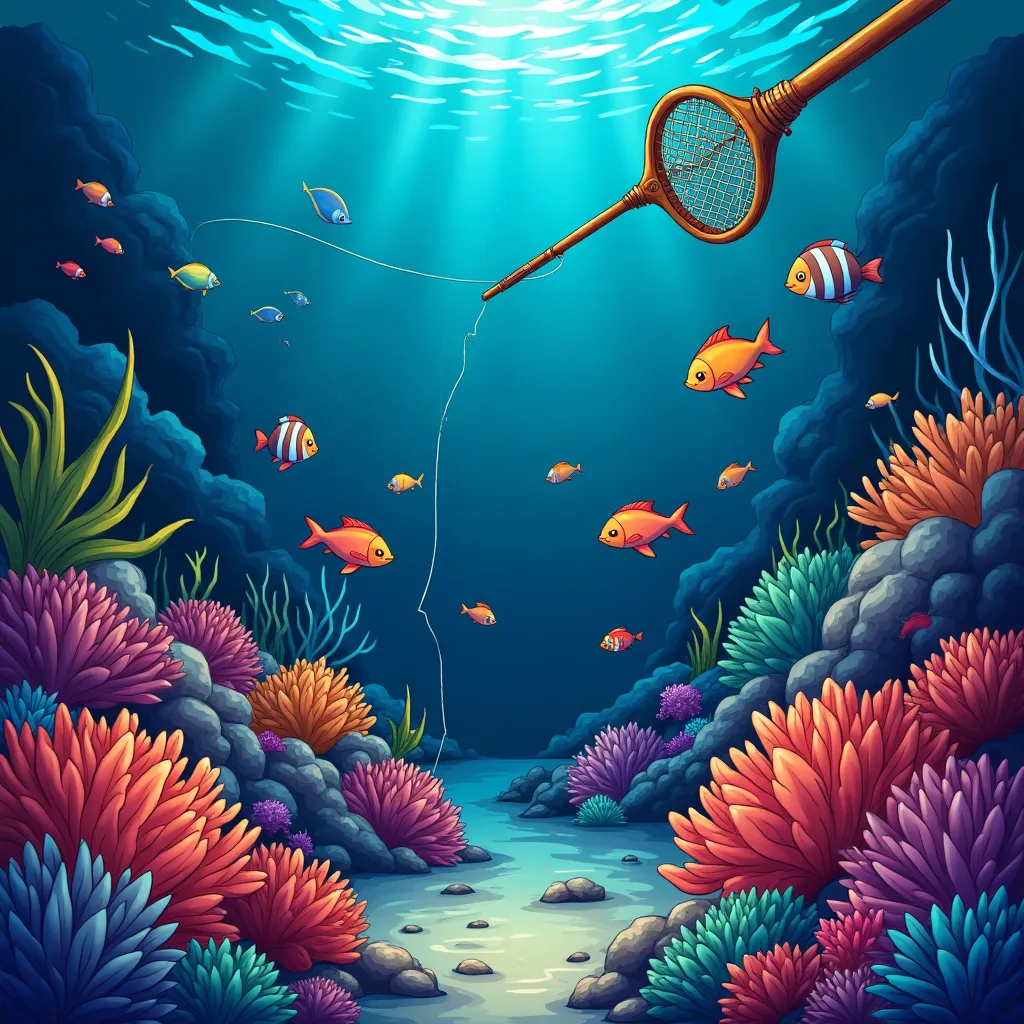 Cartoon fishing game scene with deep sea creatures